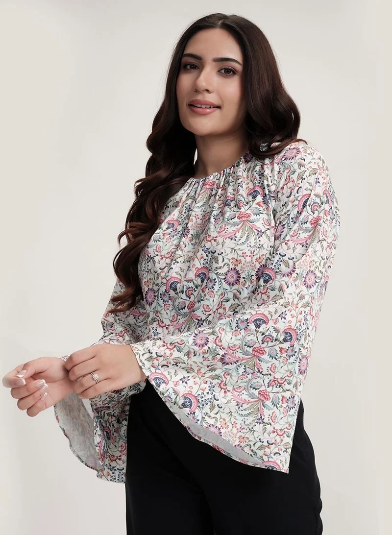 Zigzag Sleeve Flared Printed Top