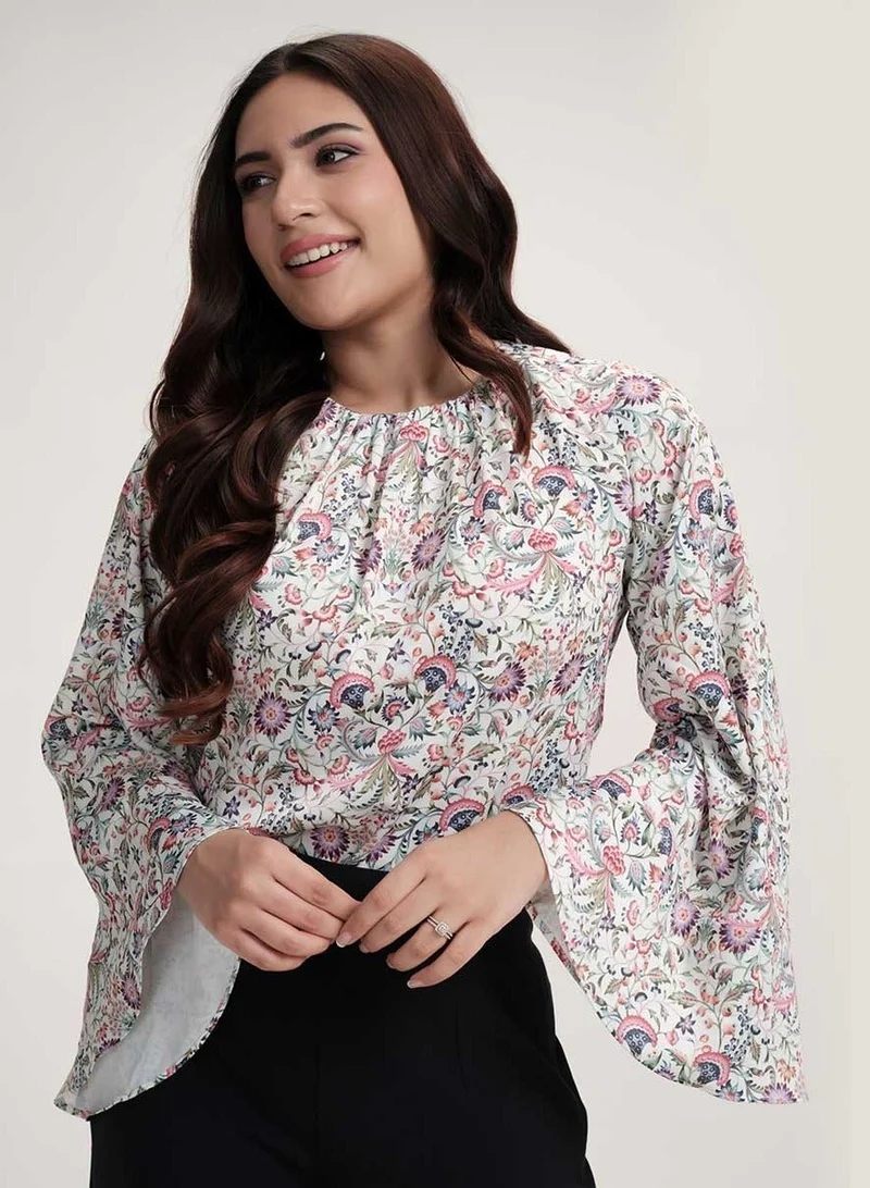 Zigzag Sleeve Flared Printed Top