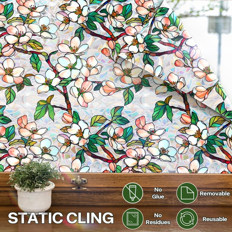 Aomkmi Stained Glass Window Film UV Resistant Window Privacy Film Petal Privacy Rainbow Decals Living Room Bedroom Sun Blocking Decor Removable Static Cling Stickers 17 x 78.74 Inch - Image 5