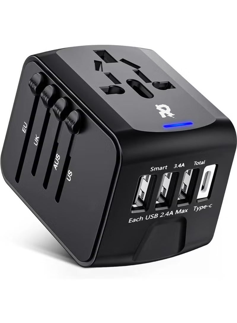 Rock Pow Travel Adapter, Universal Travel Adapter - 3 USB + 1 Type C in One Travel Charger with UK/US/AUS/EU Plugs and Socket, 1500W International Power Adapter Wall Charger (Type-c Black)