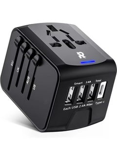 Rock Pow Travel Adapter, Universal Travel Adapter - 3 USB + 1 Type C  in One Travel Charger with UK/US/AUS/EU Plugs and Socket, 1500W International Power Adapter Wall Charger (Type-c Black)  - Image 1
