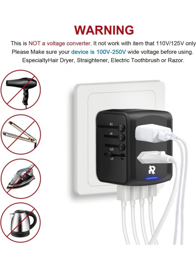 Rock Pow - Travel Adapter, Universal Travel Adapter - 3 USB + 1 Type C  in One Travel Charger with UK/US/AUS/EU Plugs and Socket, 1500W International Power Adapter Wall Charger (Type-c Black) - Image 1