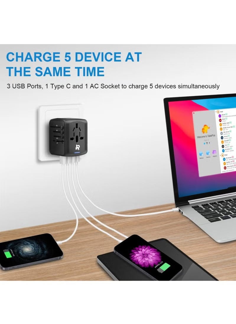 Rock Pow Travel Adapter, Universal Travel Adapter - 3 USB + 1 Type C  in One Travel Charger with UK/US/AUS/EU Plugs and Socket, 1500W International Power Adapter Wall Charger (Type-c Black)  - Image 2