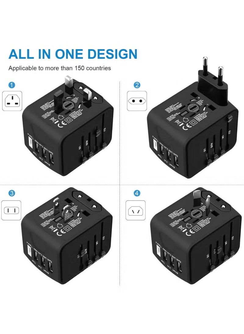 Rock Pow Travel Adapter, Universal Travel Adapter - 3 USB + 1 Type C  in One Travel Charger with UK/US/AUS/EU Plugs and Socket, 1500W International Power Adapter Wall Charger (Type-c Black)  - Image 4