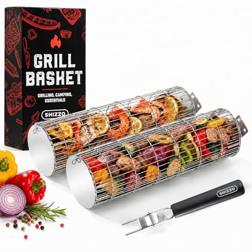 SHIZZO Rolling Grill Basket Removable Wooden Handle Extra Sturdy Cylinder Grilling Basket Food Grade Stainless Steel Portable Outdoor Camping accessories BBQ Net Rack Cooking Griller for Fish Vegetables and More Gifts for Men Dad Husband Set of 2 - Image 1