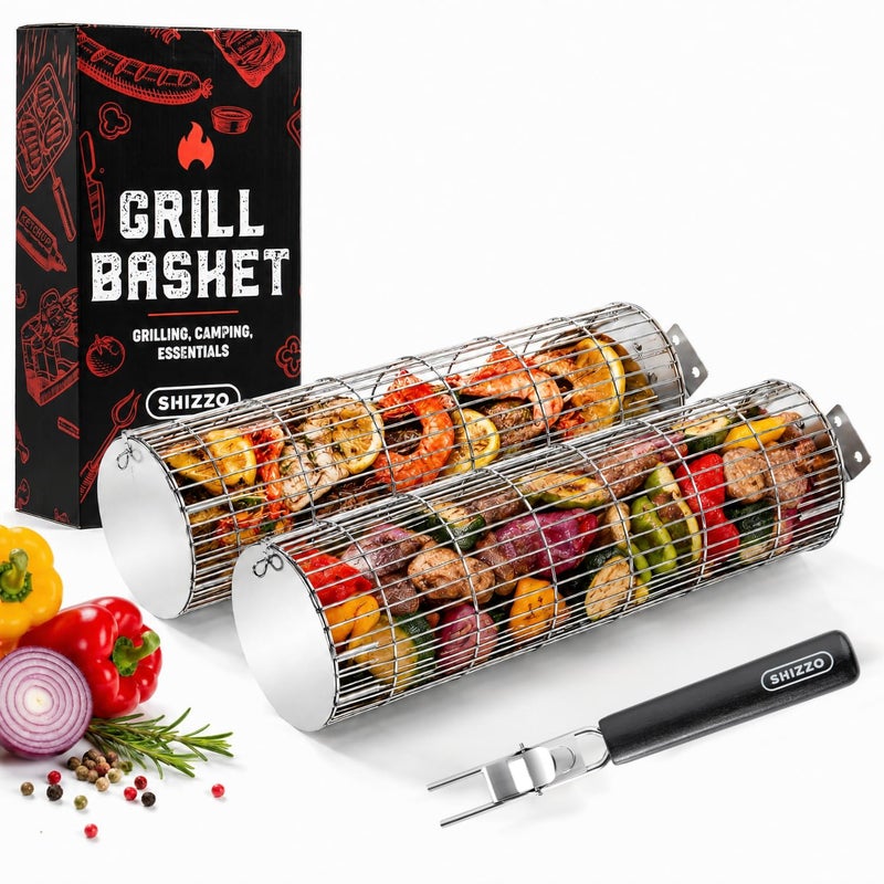 SHIZZO Rolling Grill Basket Removable Wooden Handle Extra Sturdy Cylinder Grilling Basket Food Grade Stainless Steel Portable Outdoor Camping accessories BBQ Net Rack Cooking Griller for Fish Vegetables and More Gifts for Men Dad Husband Set of 2 - Image 2