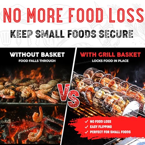 SHIZZO Rolling Grill Basket Removable Wooden Handle Extra Sturdy Cylinder Grilling Basket Food Grade Stainless Steel Portable Outdoor Camping accessories BBQ Net Rack Cooking Griller for Fish Vegetables and More Gifts for Men Dad Husband Set of 2 - Image 3