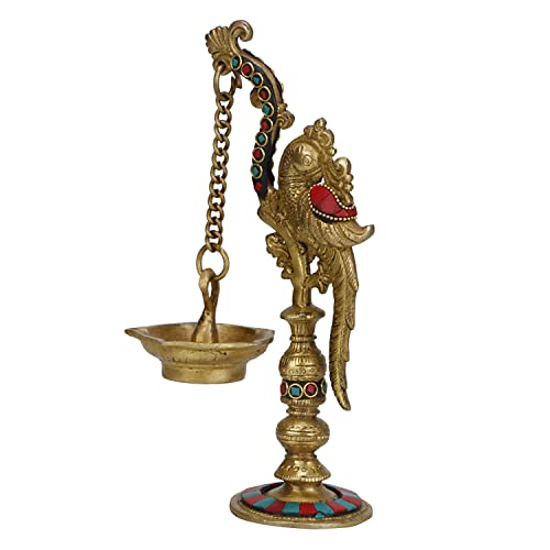 Artvarko™ Parrort Hanging Diya Chain Oil Lamp Multicolor Brass Traditional Deepak for Puja Diwali Lights Pooja Home Decor Mandir Gift 9 Inches - Image 4