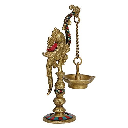Artvarko™ Parrort Hanging Diya Chain Oil Lamp Multicolor Brass Traditional Deepak for Puja Diwali Lights Pooja Home Decor Mandir Gift 9 Inches - Image 3