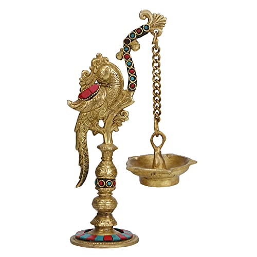 Artvarko™ Parrort Hanging Diya Chain Oil Lamp Multicolor Brass Traditional Deepak for Puja Diwali Lights Pooja Home Decor Mandir Gift 9 Inches - Image 1
