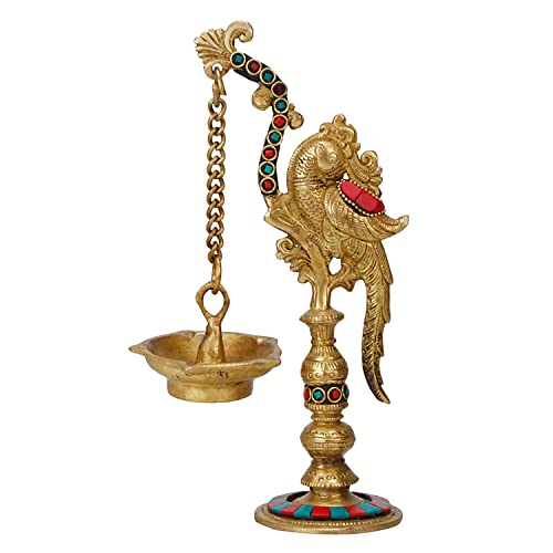 Artvarko™ Parrort Hanging Diya Chain Oil Lamp Multicolor Brass Traditional Deepak for Puja Diwali Lights Pooja Home Decor Mandir Gift 9 Inches - Image 2