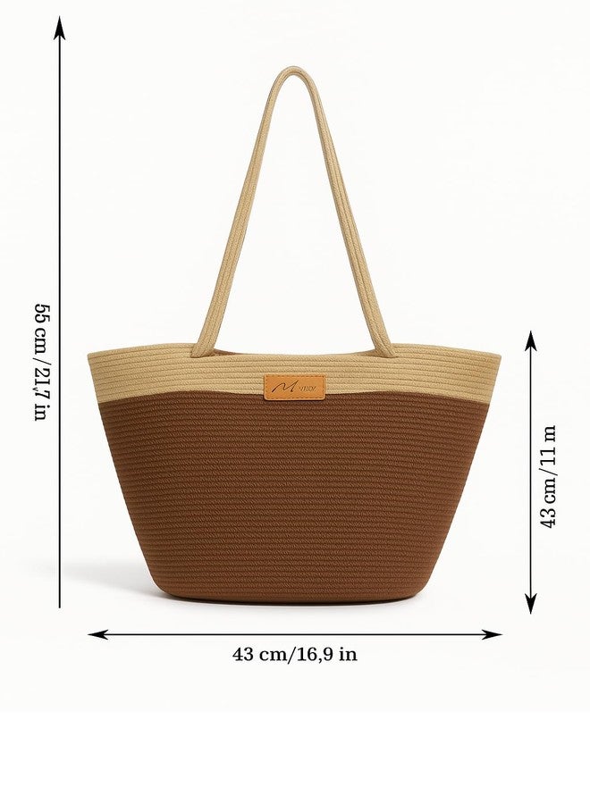 DYARCHY Large Rope Tote Bag for Women with Zipper | Spacious Handbag for Beach, Travel, Shopping & Office | Premium Cotton Rope Shoulder Bag with Long Handles (BROWN BEIGE) - Image 4