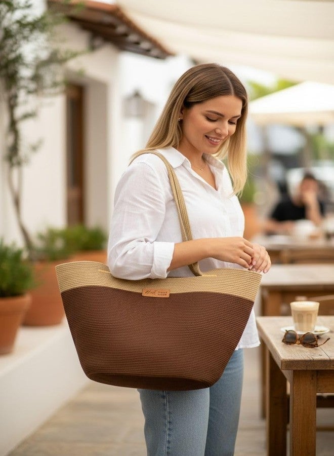 DYARCHY Large Rope Tote Bag for Women with Zipper | Spacious Handbag for Beach, Travel, Shopping & Office | Premium Cotton Rope Shoulder Bag with Long Handles (BROWN BEIGE) - Image 3