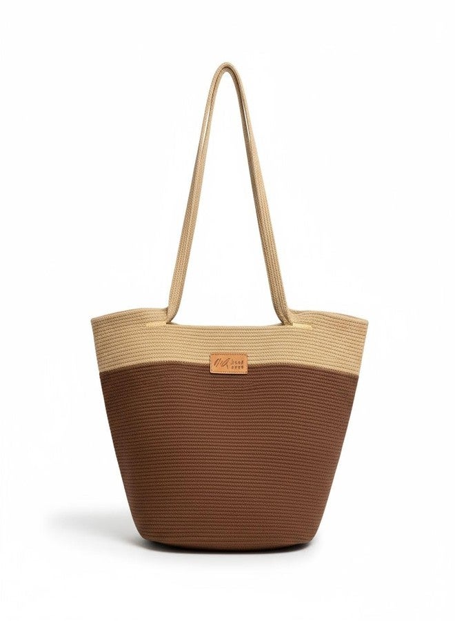 DYARCHY Large Rope Tote Bag for Women with Zipper | Spacious Handbag for Beach, Travel, Shopping & Office | Premium Cotton Rope Shoulder Bag with Long Handles (BROWN BEIGE) - Image 1