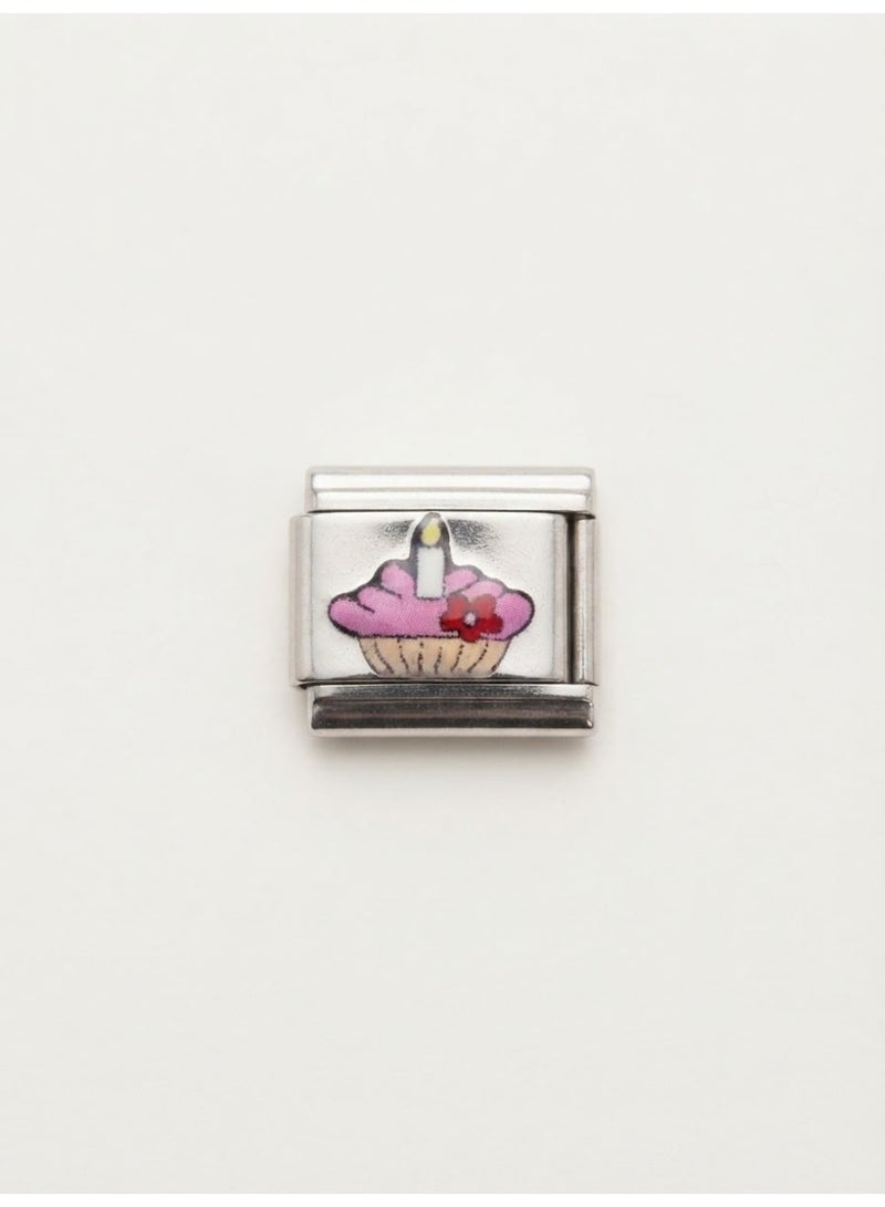 Italian Bracelet Charm Link Pink Cupcake with Candle and Red Flower Detail