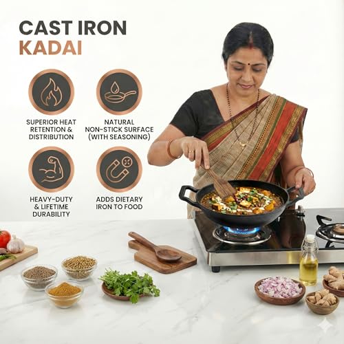Human Hydro Himalayan Stone Kadai/Kadhai 23cm with Lid & Wooden Spatula | Natural Stone Deep Wok | Toxin-Free | Gas Stove Compatible | for Curries, Frying & Daily Cooking - Image 4