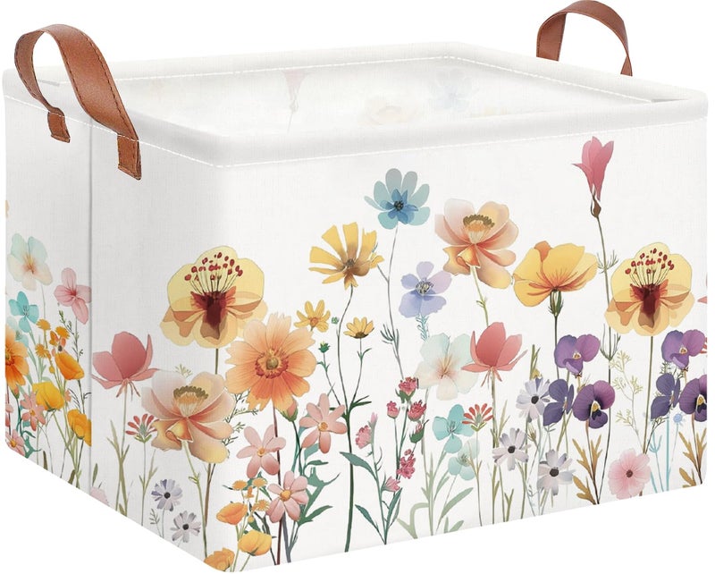 NTAOHAMPER Rectangular Storage Basket Empty,Toys Storage Bin with Handles,Baby Room Decor,Gift Basket,Book Box(Flower) - Image 1