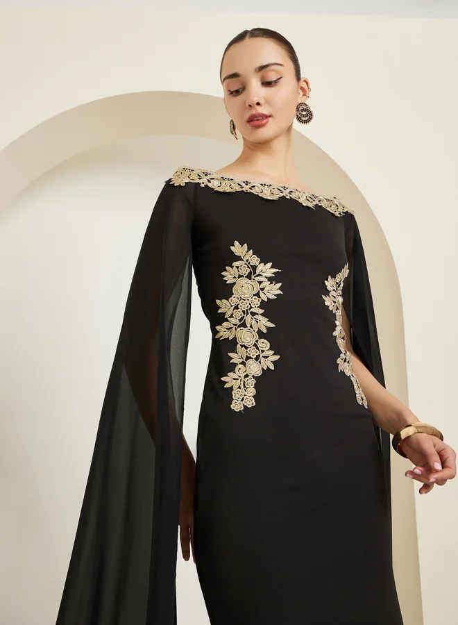 Styli Black Lace Detail Cape Sleeve Sheath Maxi Dress