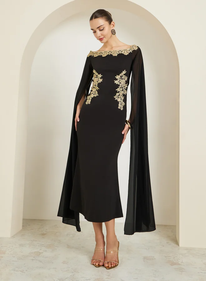 Styli Black Lace Detail Cape Sleeve Sheath Maxi Dress