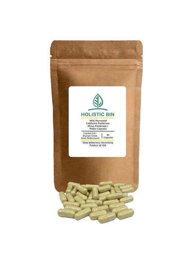 Holistic Bin - Pine Pollen Capsules 500Mg Made W/ 100% Pure Pharmaceutical Grade Wild Harvested California Pine Pollen Powder ; Organic Non Gmo No Fillers ; 30 Day Supply (40 Capsules) - Image 1