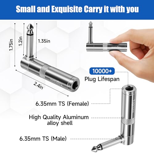 Togconn 90 Degree 1/4 Inch TS Audio Extension Adapter 2-Pack, Right Angle 6.35mm 1/4" TS Mono Male to Female Heavy Duty Metal L-Shaped Connector for Speaker, Guitar, Microphone Cables - Image 2