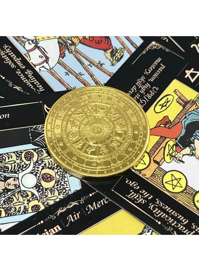 Golden Tarot Luck Coin With Zodiac Signs For Feng Shui Fortune Telling And Wishes - Image 1