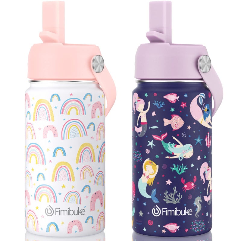 Fimibuke Kids Insulated Water Bottle, 14oz BPA FREE Double Wall Vacuum Tumbler 18/8 Stainless Steel Leak Proof Kids Cups with Straw Metal Water Bottle for School Boy Girl (2 Pack, RAINBOW/MERMAID) - Image 1