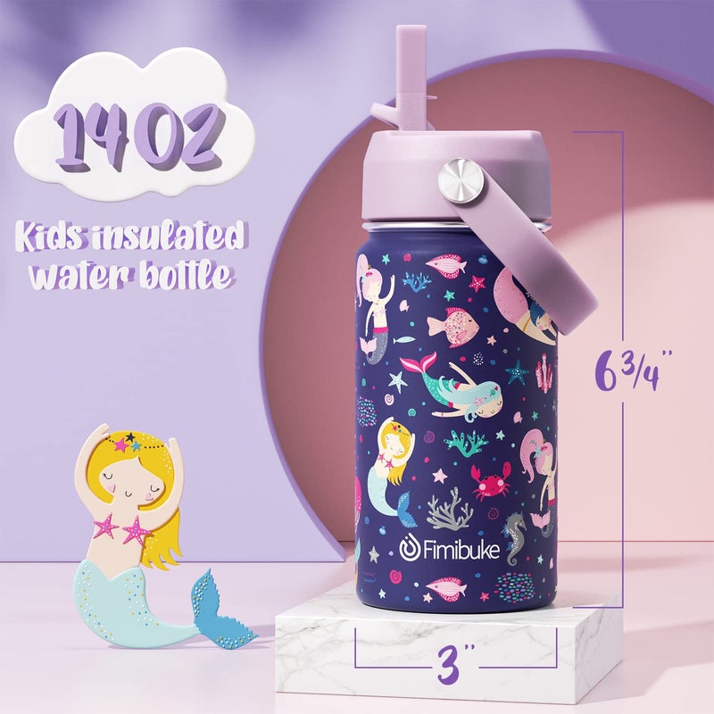 Fimibuke Kids Insulated Water Bottle, 14oz BPA FREE Double Wall Vacuum Tumbler 18/8 Stainless Steel Leak Proof Kids Cups with Straw Metal Water Bottle for School Boy Girl (2 Pack, RAINBOW/MERMAID) - Image 2