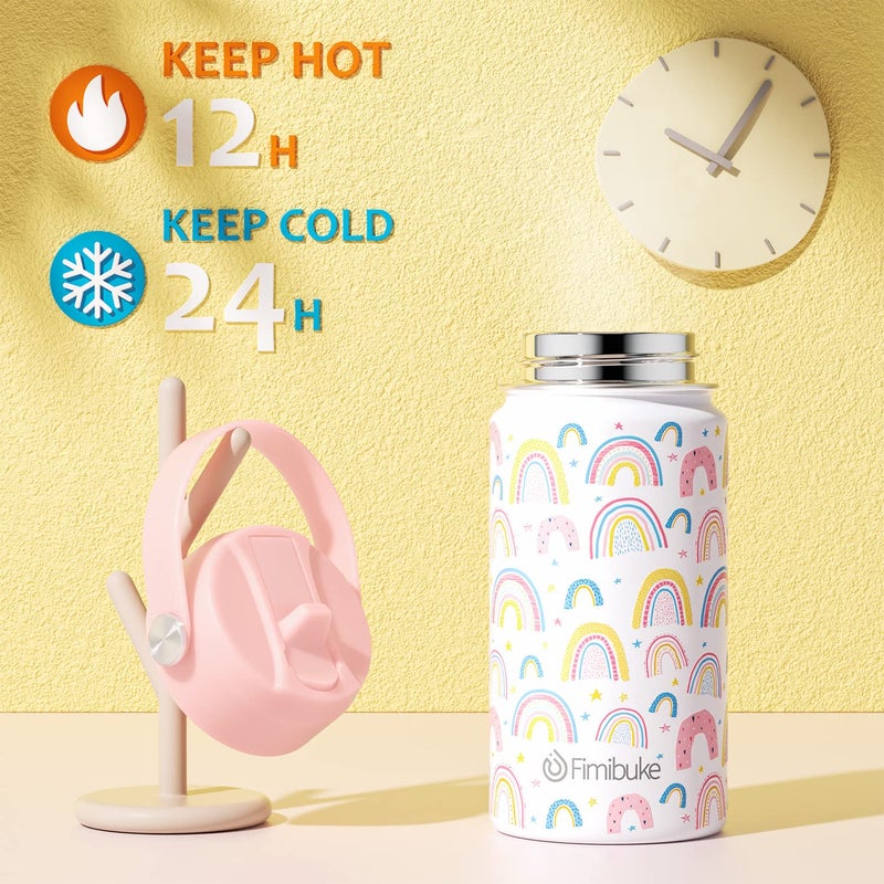Fimibuke Kids Insulated Water Bottle, 14oz BPA FREE Double Wall Vacuum Tumbler 18/8 Stainless Steel Leak Proof Kids Cups with Straw Metal Water Bottle for School Boy Girl (2 Pack, RAINBOW/MERMAID) - Image 3