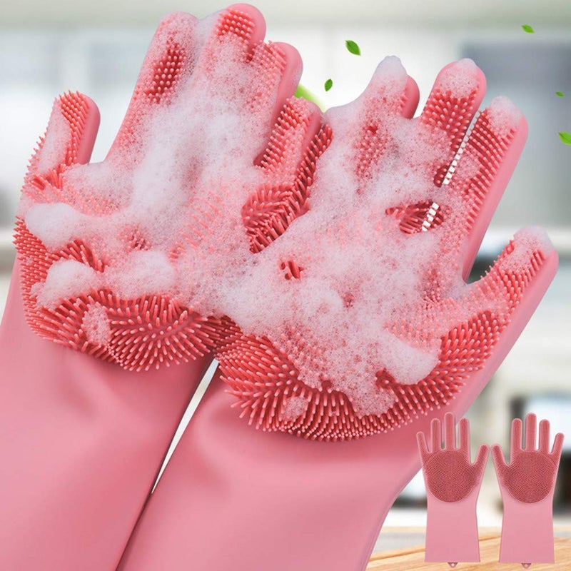 LOZOX Silicone Heat Resistant Reusable Dishwashing Gloves with Wash Scrubber for Kitchen Car Bathroom and Pet Multicolour