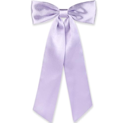 WantGor Long Tail Bow Hair Clips Hair Ribbon Bows Satin Bowknot Clip Large Hair Barrettes Cute Ponytail Holder Hair Accessories for Women Daily Party Wedding Prom Purple - Image 1