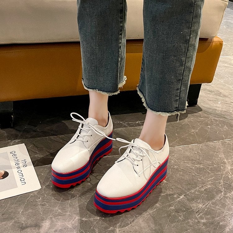 British Wind Baby Thick Bottom Muffin Square Head Slope Heel Waterproof Platform Striped Lace-Up Lightweight Women'S Shoes - Image 5