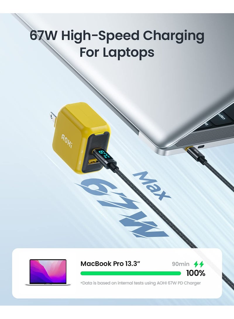AOHI Magcube 67W USB-C Fast Charger GaN+ Dual-Port – UK Plug, PD Charger for MacBook, iPad, iPhone, Samsung Galaxy, USB-C Laptops, Tablets, Smartphones – Compact, High-Speed, Safe Charging (Yellow/Black) - Image 2