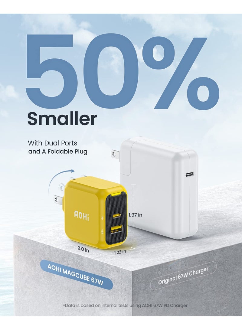 AOHI Magcube 67W USB-C Fast Charger GaN+ Dual-Port – UK Plug, PD Charger for MacBook, iPad, iPhone, Samsung Galaxy, USB-C Laptops, Tablets, Smartphones – Compact, High-Speed, Safe Charging (Yellow/Black) - Image 4