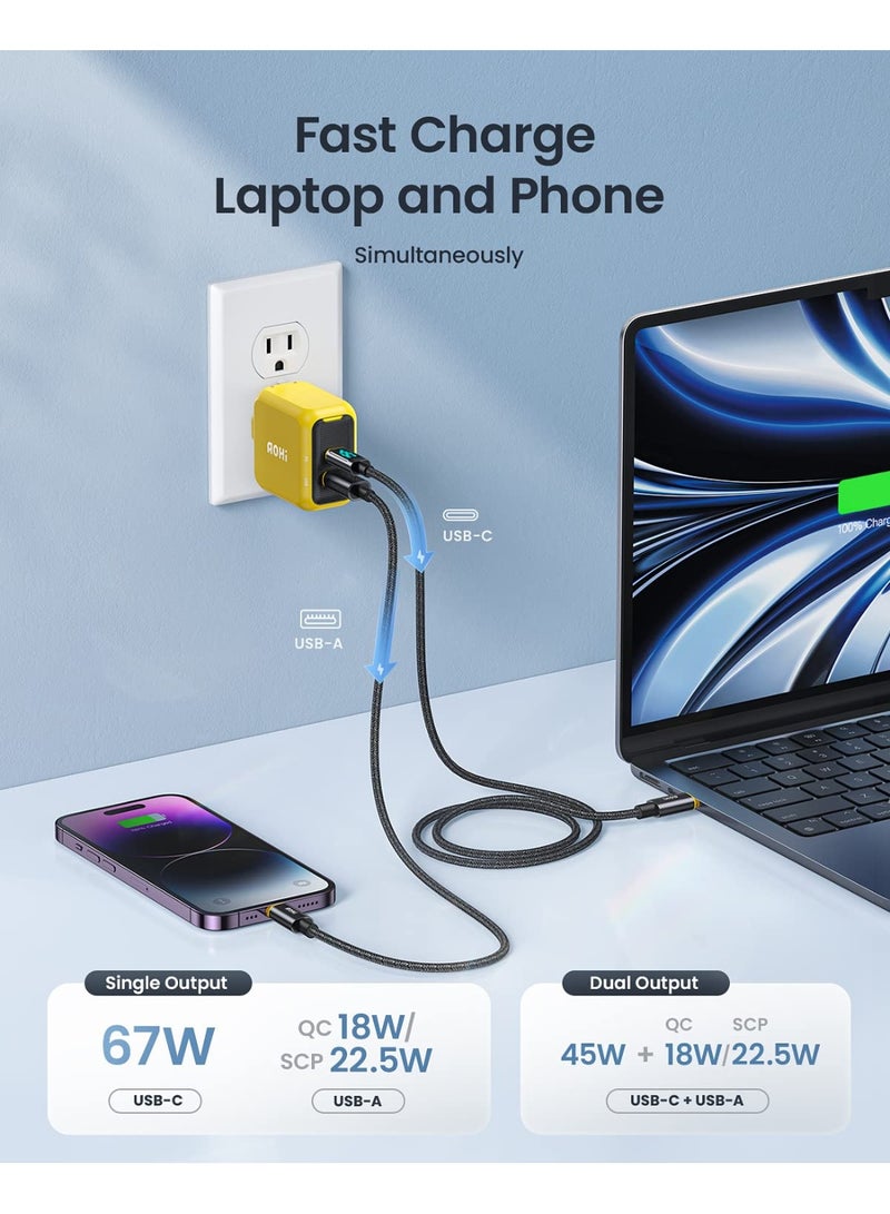 AOHI Magcube 67W USB-C Fast Charger GaN+ Dual-Port – UK Plug, PD Charger for MacBook, iPad, iPhone, Samsung Galaxy, USB-C Laptops, Tablets, Smartphones – Compact, High-Speed, Safe Charging (Yellow/Black) - Image 3