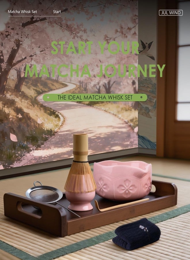 JUL WIND Matcha Whisk Set, Ceramic Matcha Set Includes Bowl with Spout, Whisk and Holder, Bamboo Scoop, Sifter and Tea Towel - 6 Pcs Matcha Kit Gift for Lovers Beginners (Pink) - Image 3
