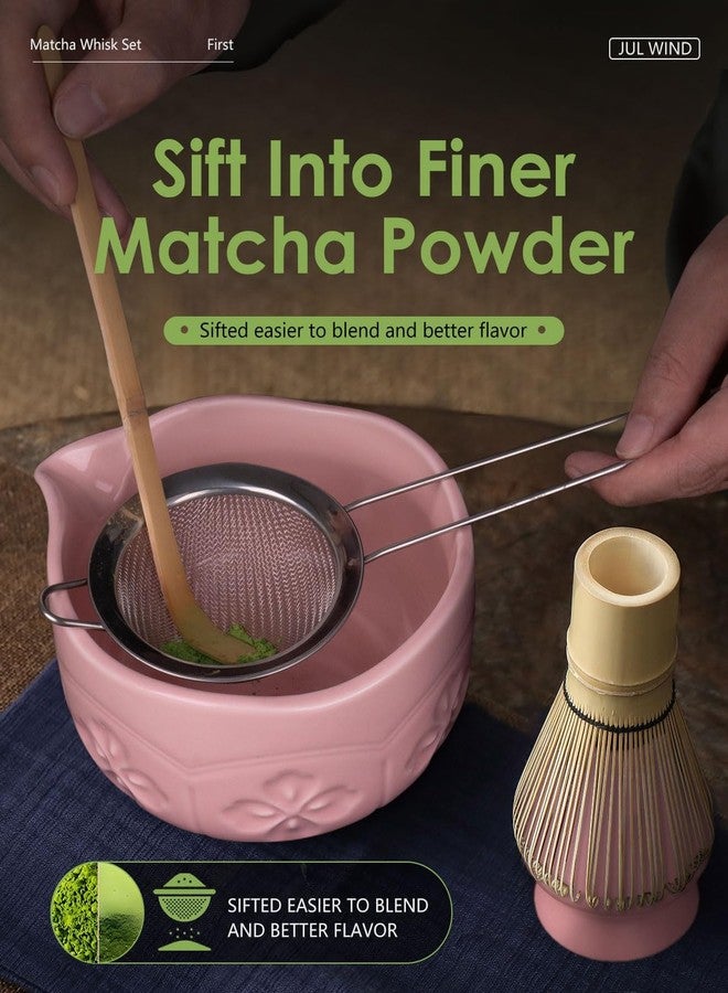 JUL WIND Matcha Whisk Set, Ceramic Matcha Set Includes Bowl with Spout, Whisk and Holder, Bamboo Scoop, Sifter and Tea Towel - 6 Pcs Matcha Kit Gift for Lovers Beginners (Pink) - Image 4