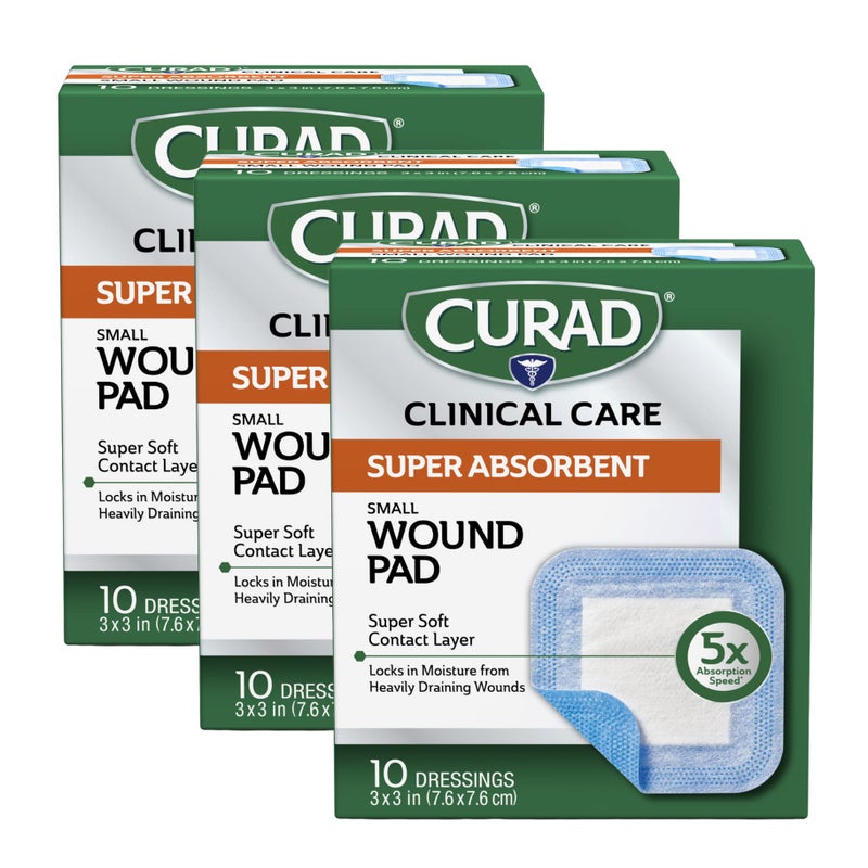 Curad Super Absorbent Wound Pad, Small, 3" x 3", 10 Count, 3 Pack - Image 1