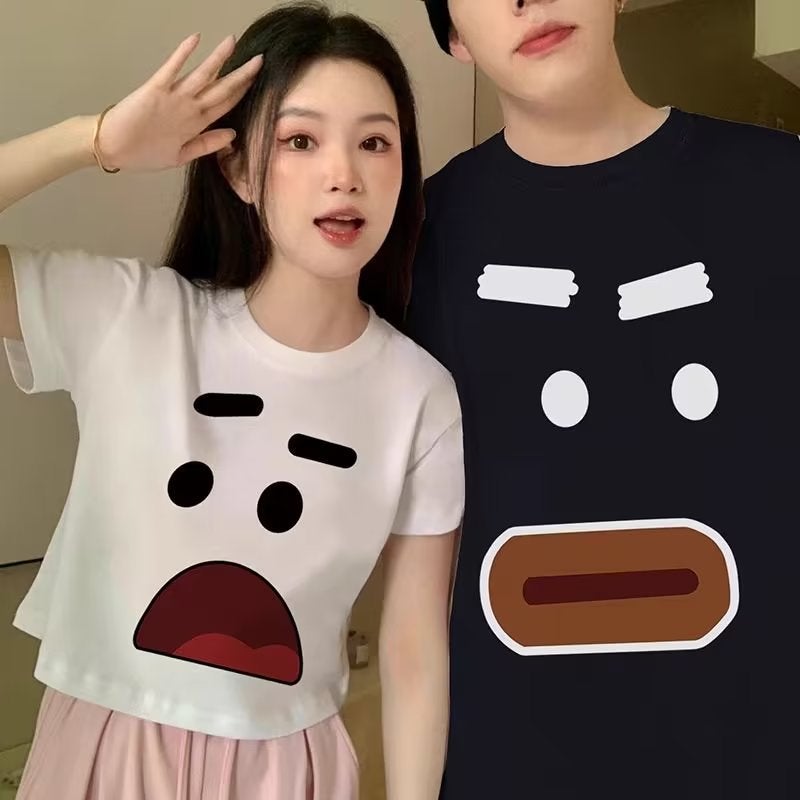 2023 Summer pure cotton men and women couple Foreign Trade personality chic printed short-sleeved T-shirt round neck loose slimming top - Image 5