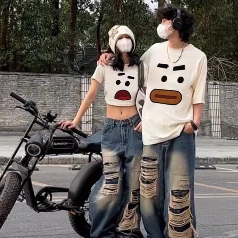 2023 Summer pure cotton men and women couple Foreign Trade personality chic printed short-sleeved T-shirt round neck loose slimming top - Image 4