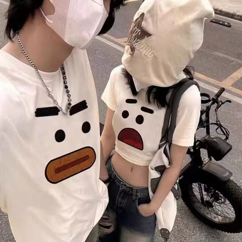 2023 Summer pure cotton men and women couple Foreign Trade personality chic printed short-sleeved T-shirt round neck loose slimming top - Image 3