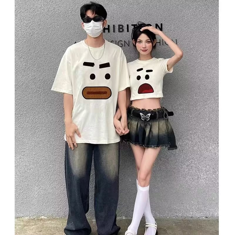2023 Summer pure cotton men and women couple Foreign Trade personality chic printed short-sleeved T-shirt round neck loose slimming top - Image 2