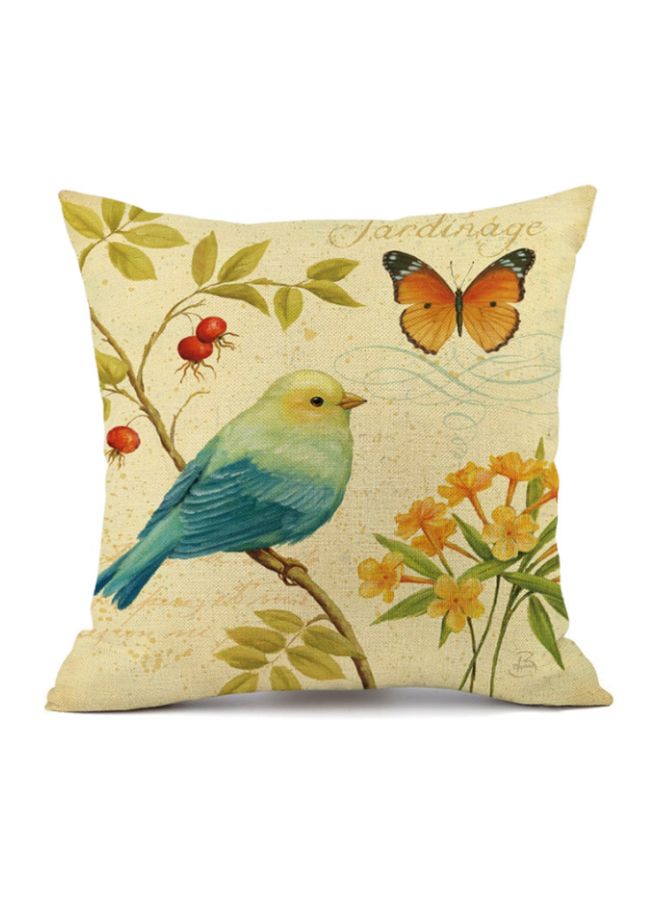 غطاء وسادة بطبعة طائر وفراشة بيج/أصفر/أزرق 45x45سم