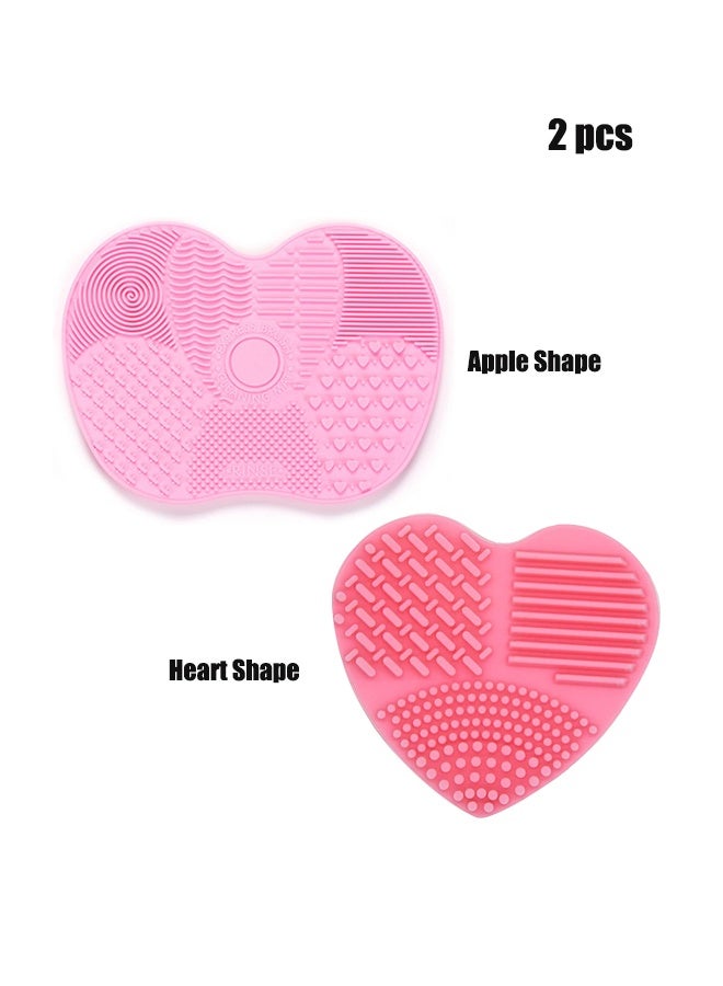 2 Pcs Silicone Make Up Brush Cleaning Mat, Cosmetic Cleaning Pads,Makeup Brush Cleaner Mats, Portable Washing Tool with Suction Cup for Makeup Cosmetic Brushes-Apple shaped & Heart shaped - Image 1