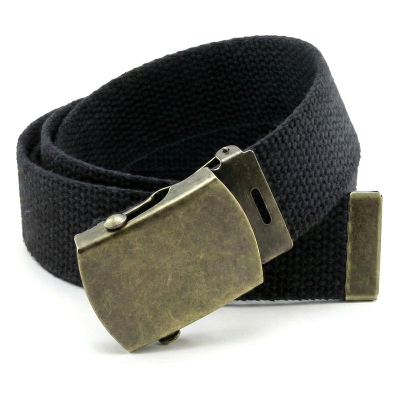 BC Belts Canvas Web Belt Military Style with Antique Brass Buckle and Tip 50" Long (Black) - Image 1