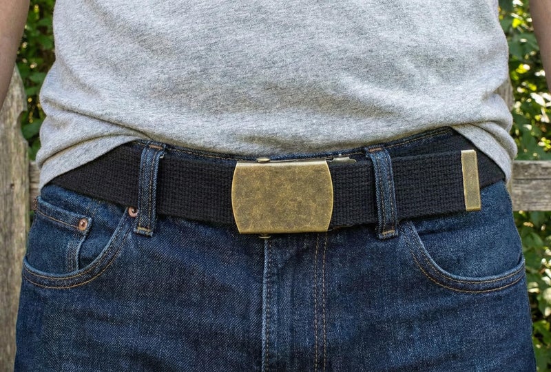 BC Belts Canvas Web Belt Military Style with Antique Brass Buckle and Tip 50" Long (Black) - Image 2