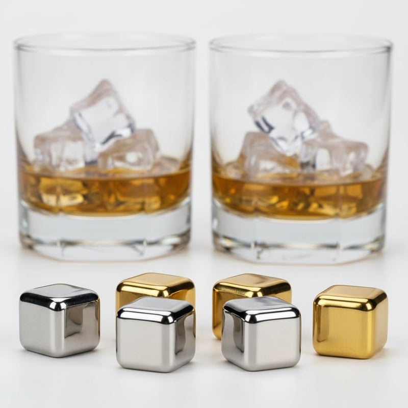 XACA 8PCS Gold and Silver Stainless Steel Whiskey Stones, Reusable Whiskey Ice Cubes with Storage Box, Chilling Rocks for Whiskey, Wine, Beer, Vodka, Cocktails, Drinks Cooler Gift Set (Silver&Gold) - Image 1