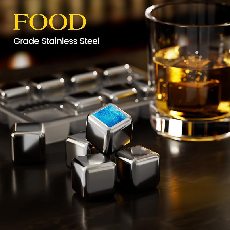 XACA 8PCS Gold and Silver Stainless Steel Whiskey Stones, Reusable Whiskey Ice Cubes with Storage Box, Chilling Rocks for Whiskey, Wine, Beer, Vodka, Cocktails, Drinks Cooler Gift Set (Silver&Gold) - Image 3