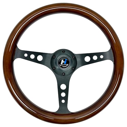 Hiracing 14inch Universal Classic Wood Grain Steering Wheel Brushed 3 Spoke 1.5inch Depth Racing Steering Wheel with Horn Button 6 bolts(wood-09) - Image 1