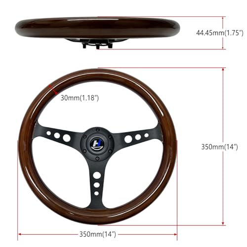 Hiracing 14inch Universal Classic Wood Grain Steering Wheel Brushed 3 Spoke 1.5inch Depth Racing Steering Wheel with Horn Button 6 bolts(wood-09) - Image 3